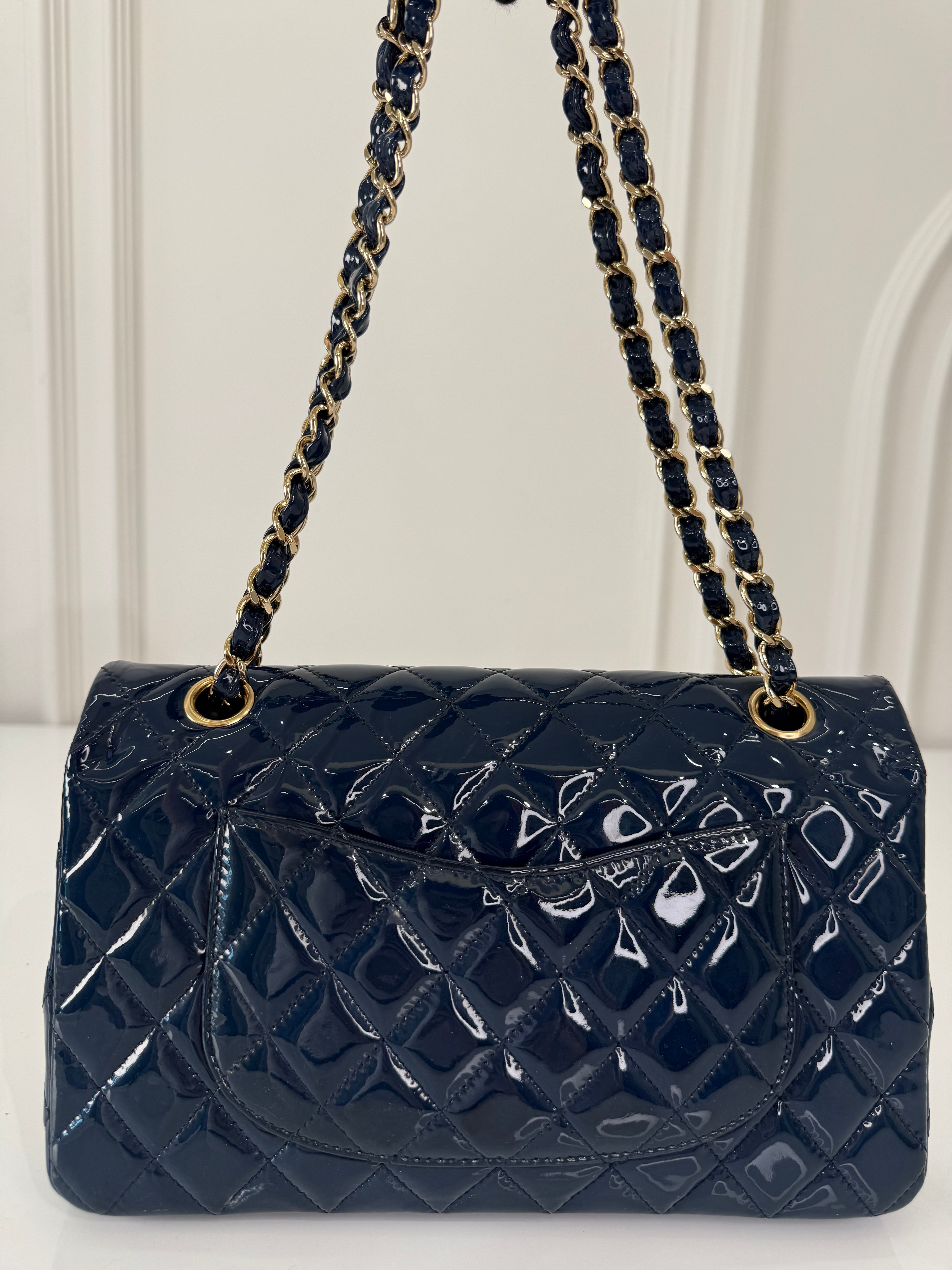 Chanel Classic Dark Blue Quilted Patent Leather Medium Double Flap Bag