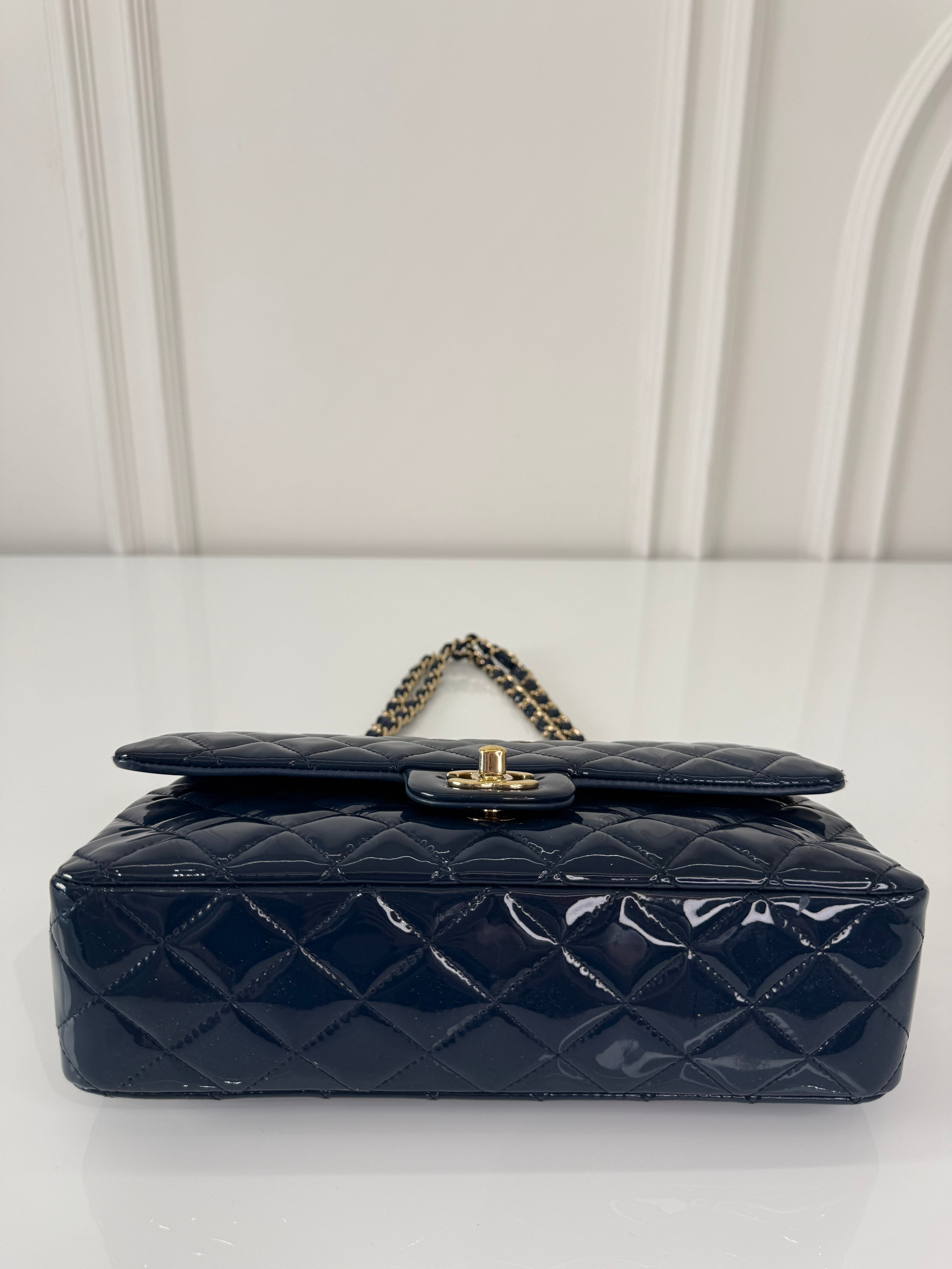 Chanel Classic Dark Blue Quilted Patent Leather Medium Double Flap Bag