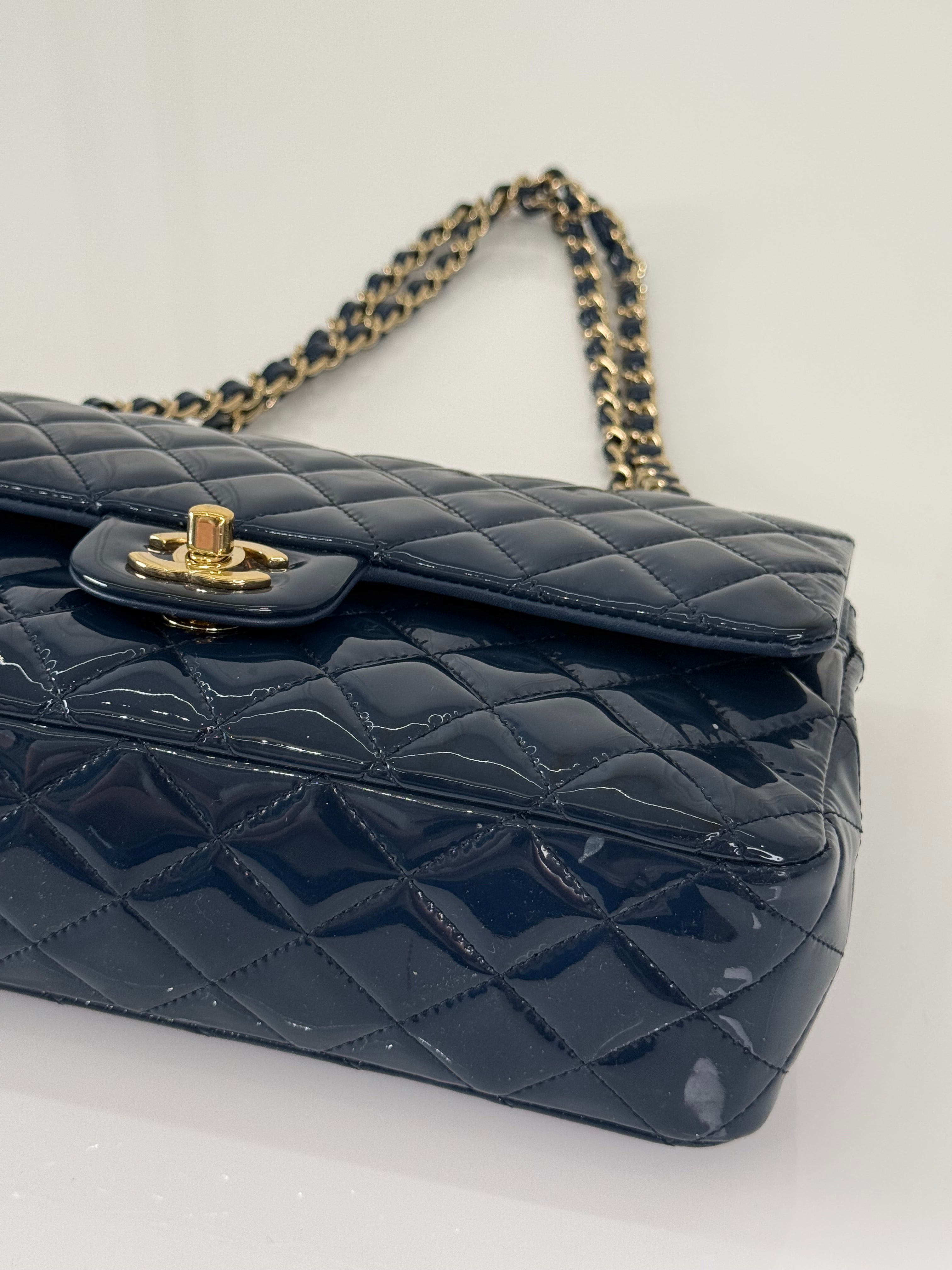 Chanel Classic Dark Blue Quilted Patent Leather Medium Double Flap Bag