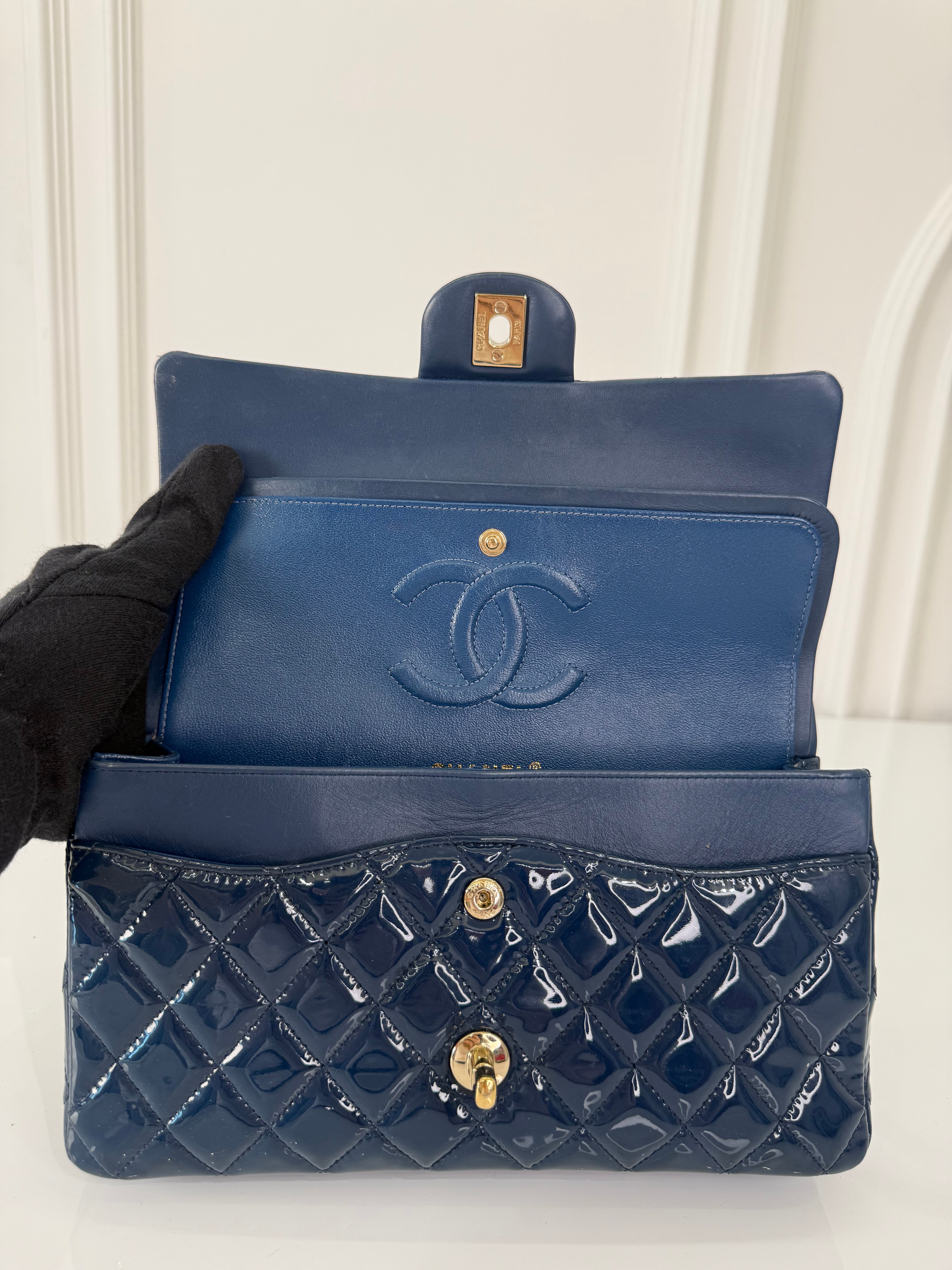 Chanel Classic Dark Blue Quilted Patent Leather Medium Double Flap Bag