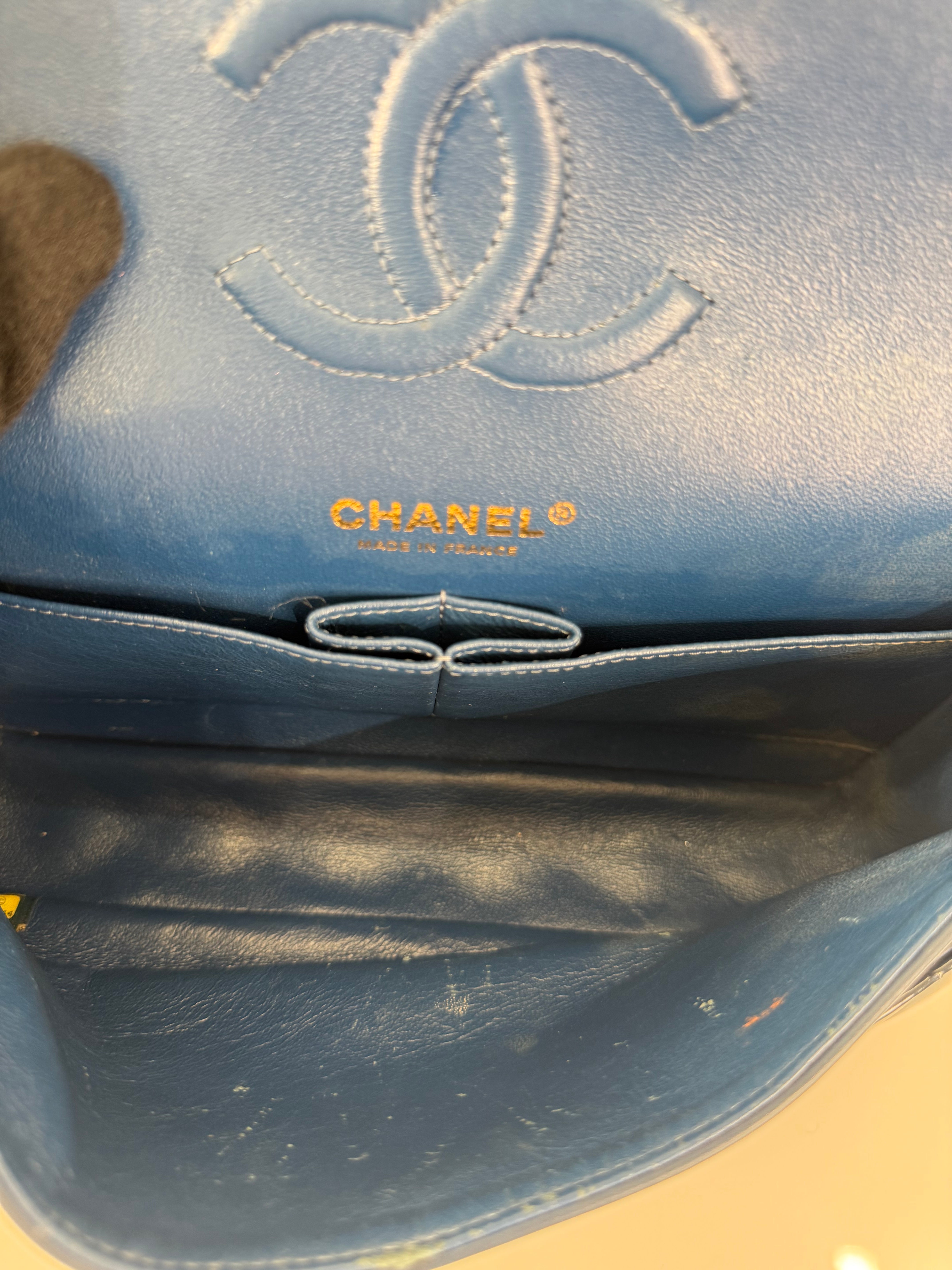 Chanel Classic Dark Blue Quilted Patent Leather Medium Double Flap Bag