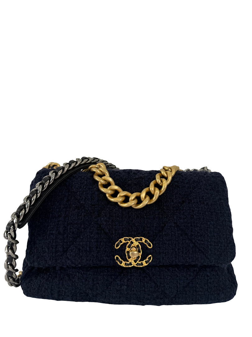 Chanel 19 Navy Blue Quilted Tweed Medium Flap Bag