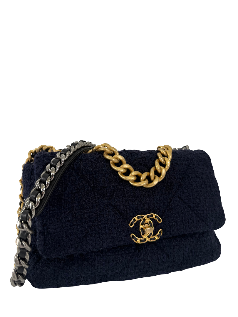 Chanel 19 Navy Blue Quilted Tweed Medium Flap Bag