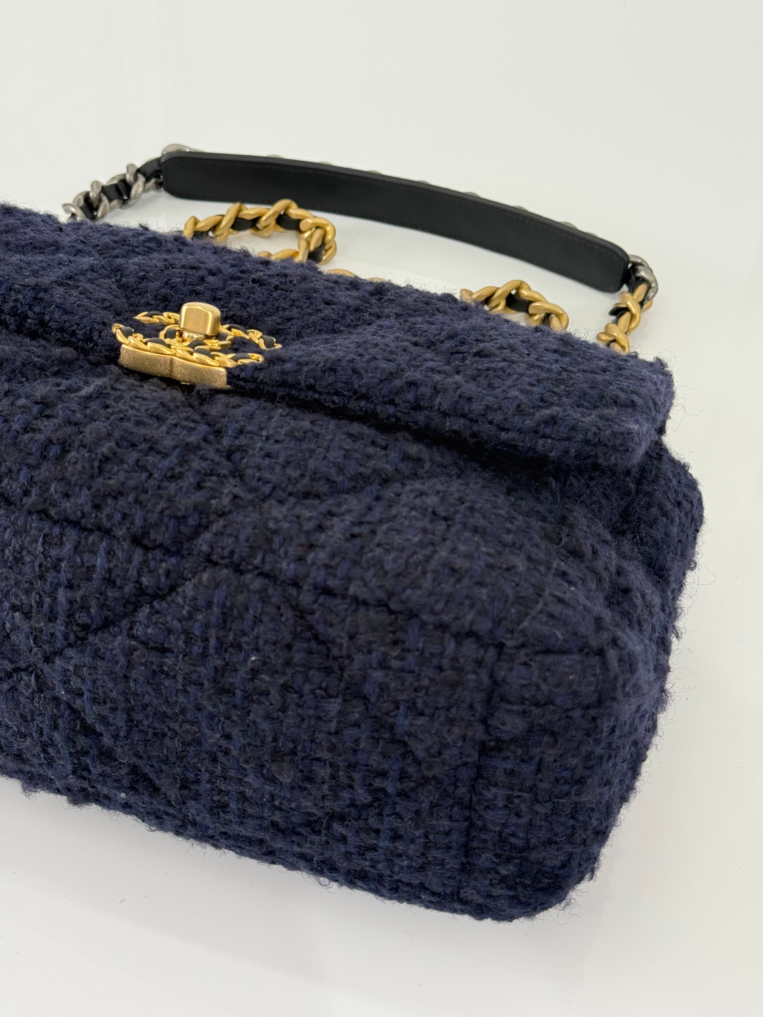 Chanel 19 Navy Blue Quilted Tweed Medium Flap Bag