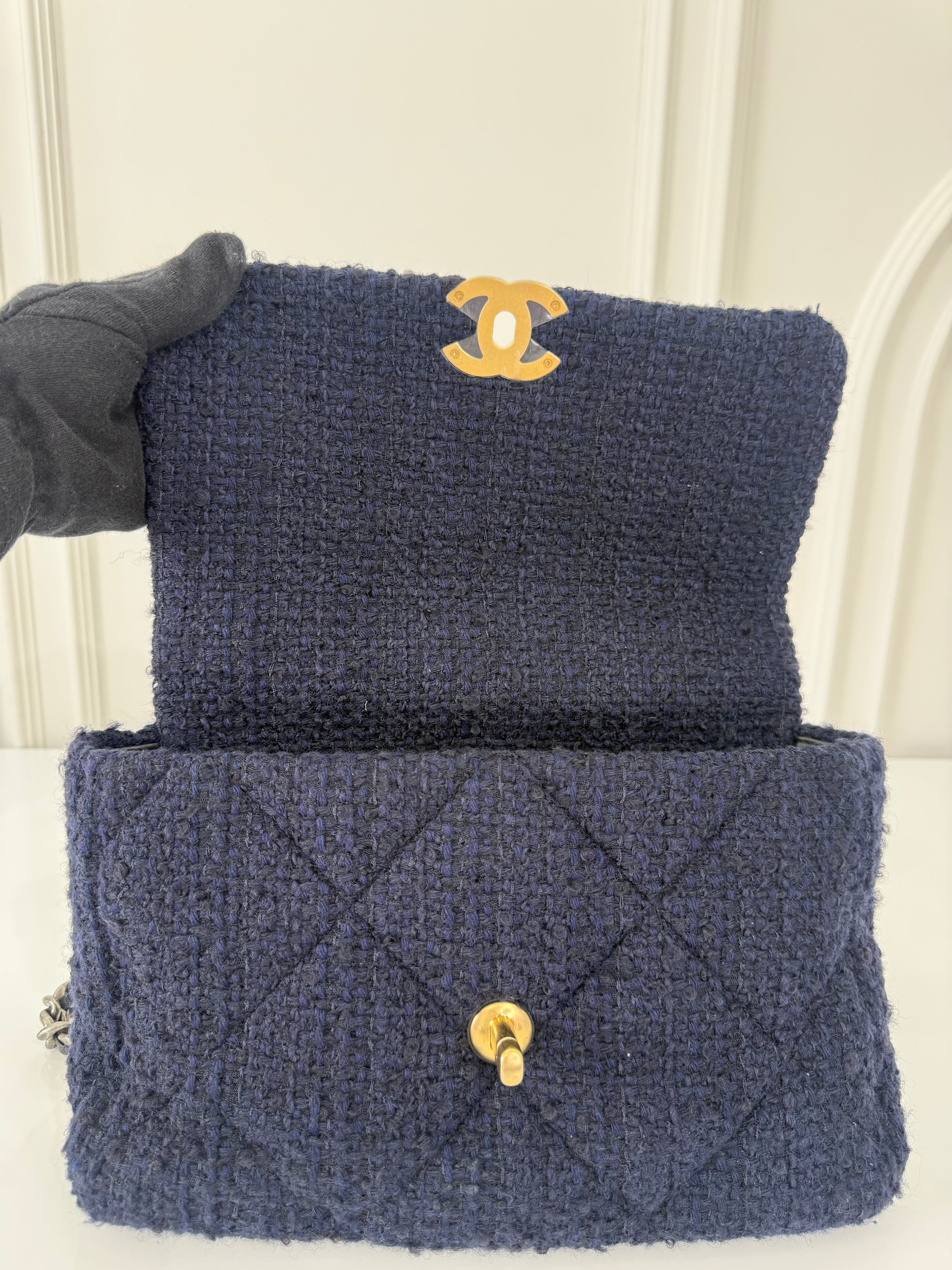 Chanel 19 Navy Blue Quilted Tweed Medium Flap Bag