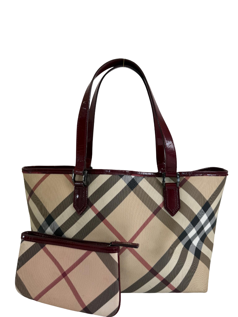 Burberry Burgundy Patent Leather Burberry Nickie Tote With Pouch