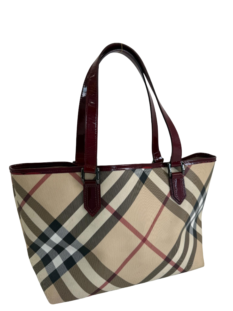 Burberry Burgundy Patent Leather Burberry Nickie Tote With Pouch