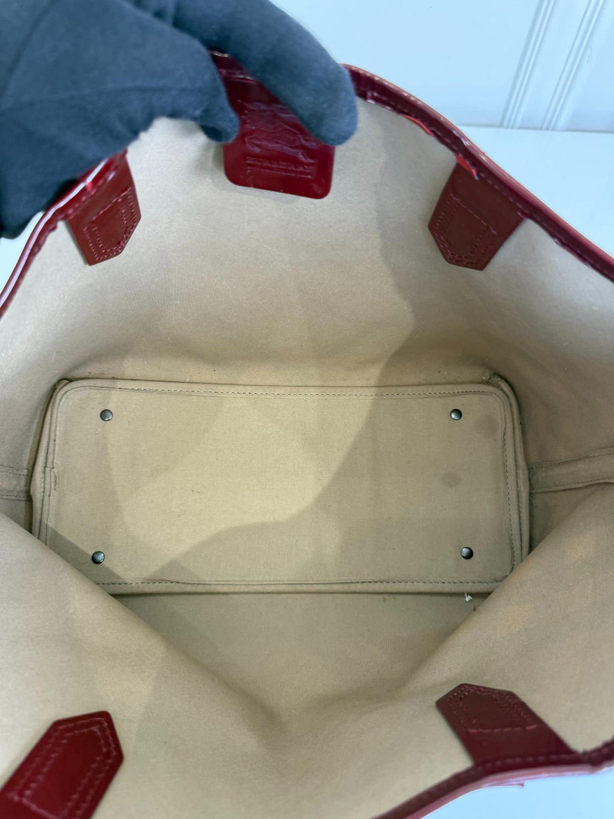Burberry Burgundy Patent Leather Burberry Nickie Tote With Pouch
