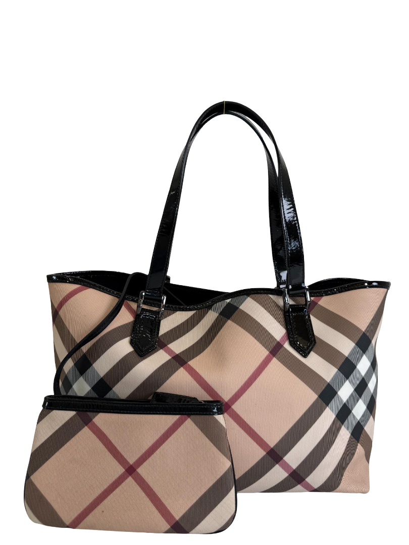 Burberry Beige/Black Patent Leather Burberry Nickie Tote With Pouch