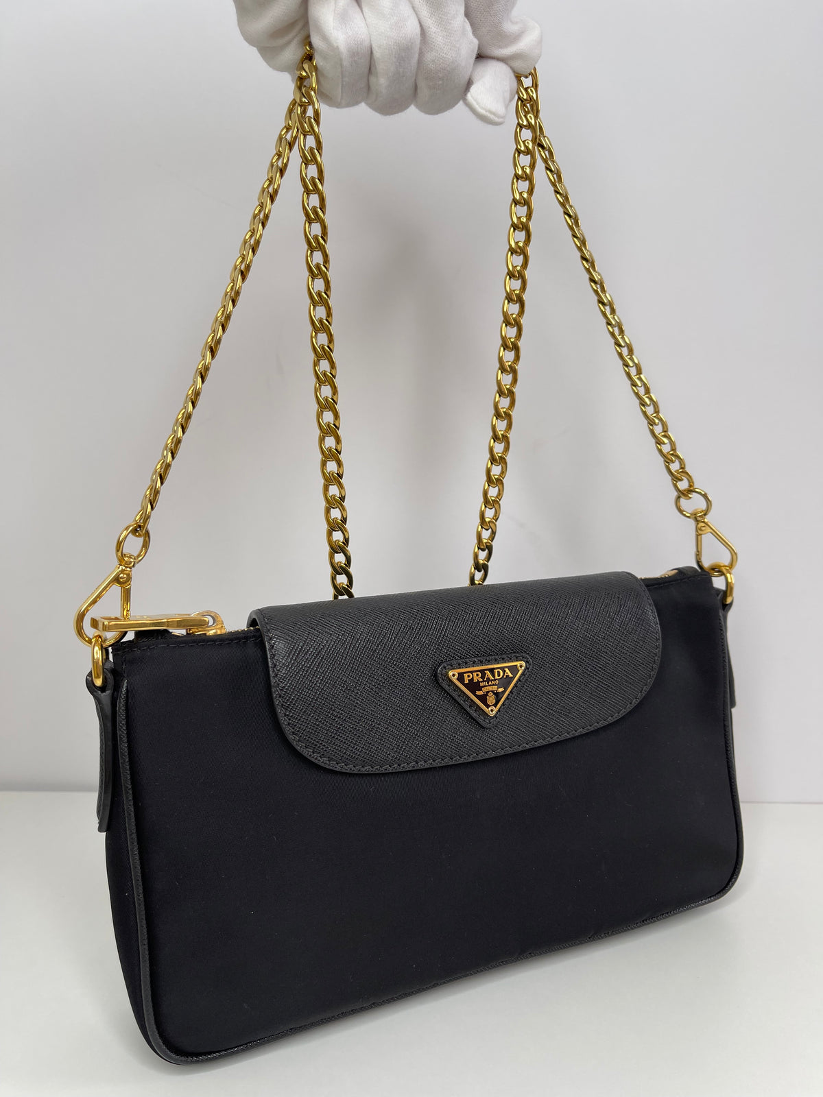 Prada Small Tessuto Saffiano Chain Crossbody Bag Black
