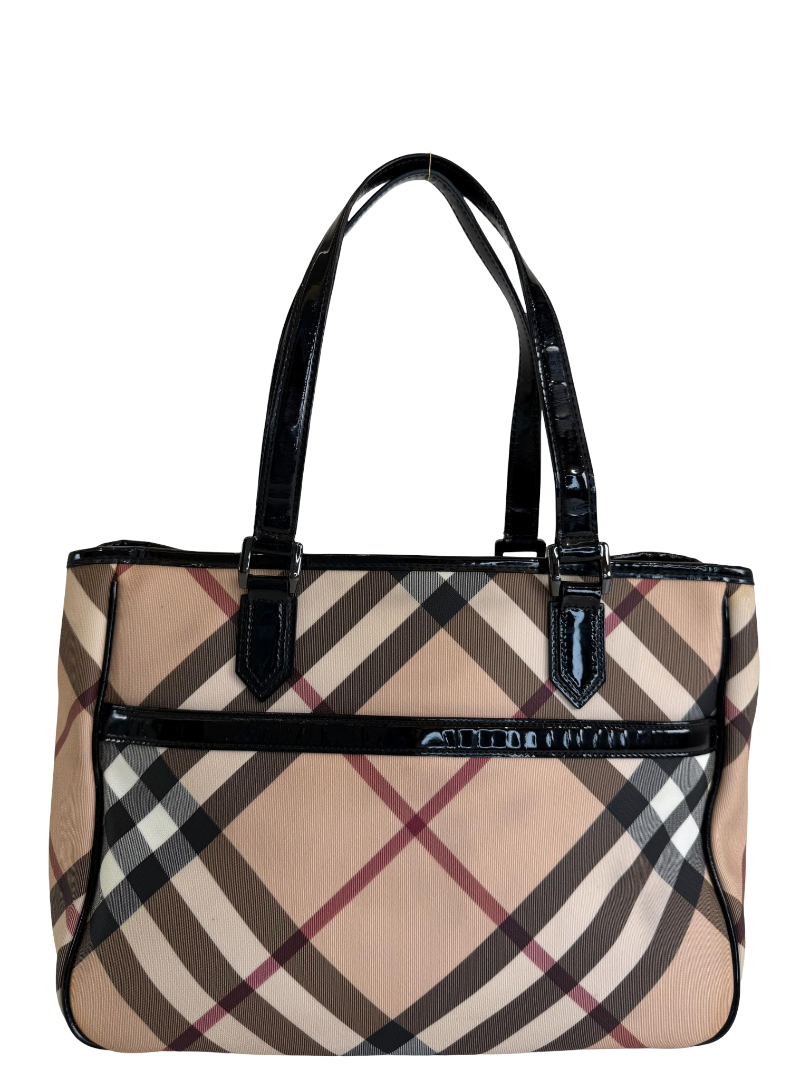 Burberry Beige/Black Nova Check PVC and Patent Leather Front Pocket Tote Medium