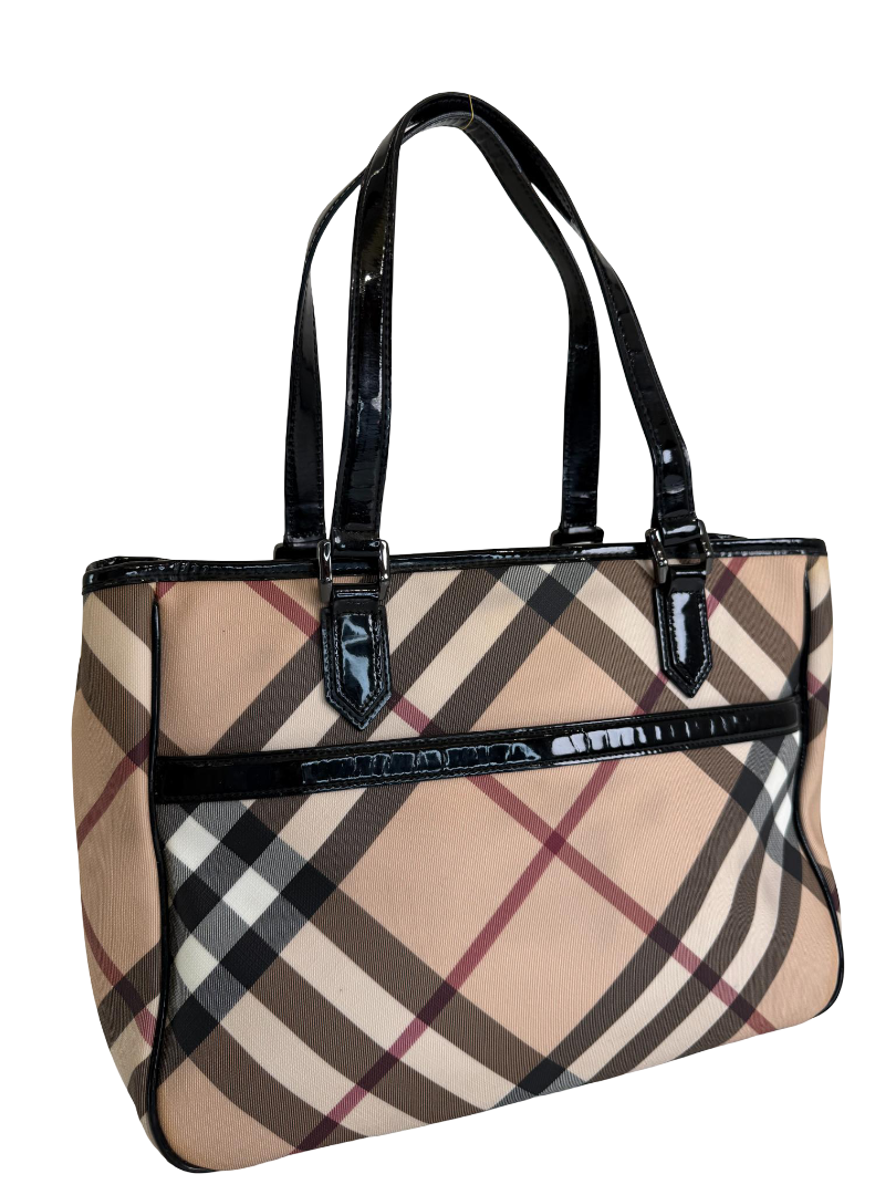 Burberry Beige/Black Nova Check PVC and Patent Leather Front Pocket Tote Medium
