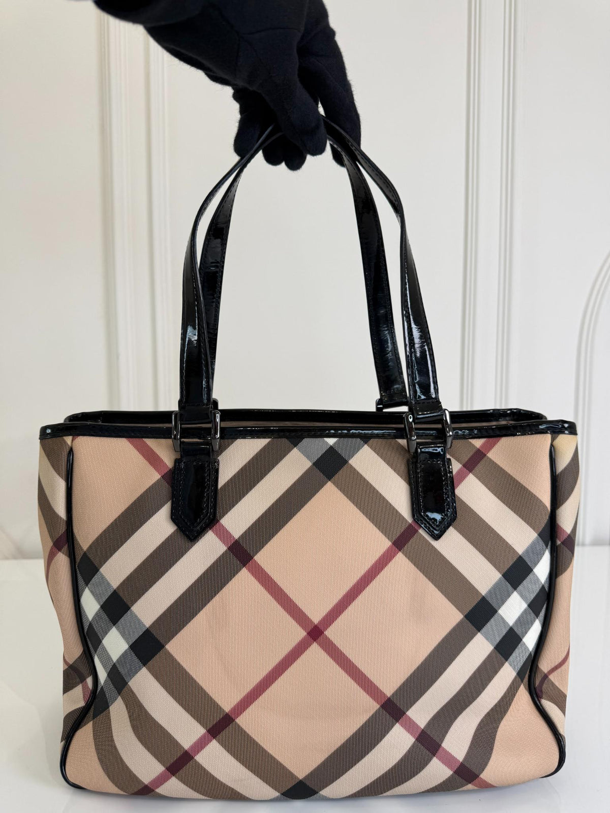 Burberry Beige/Black Nova Check PVC and Patent Leather Front Pocket Tote Medium