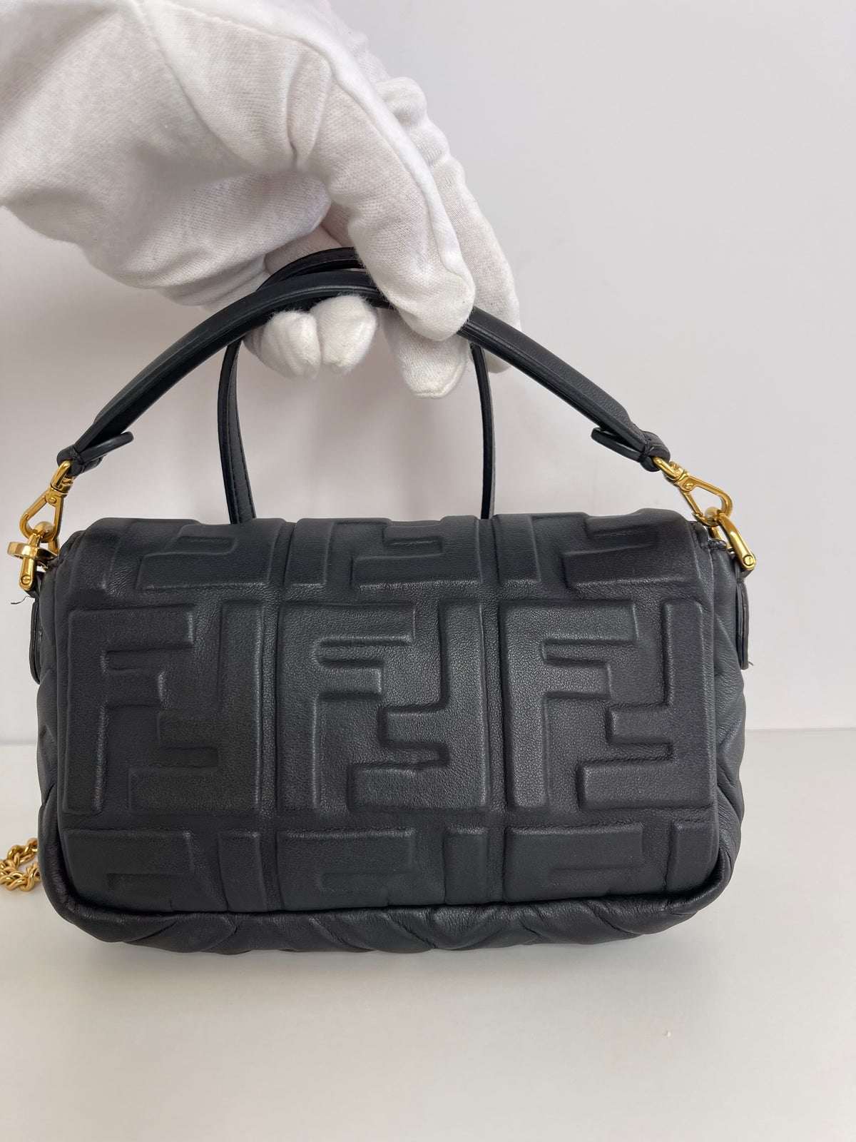 Fendi Black Embossed Leather Mini Baguette Crossbody Bag