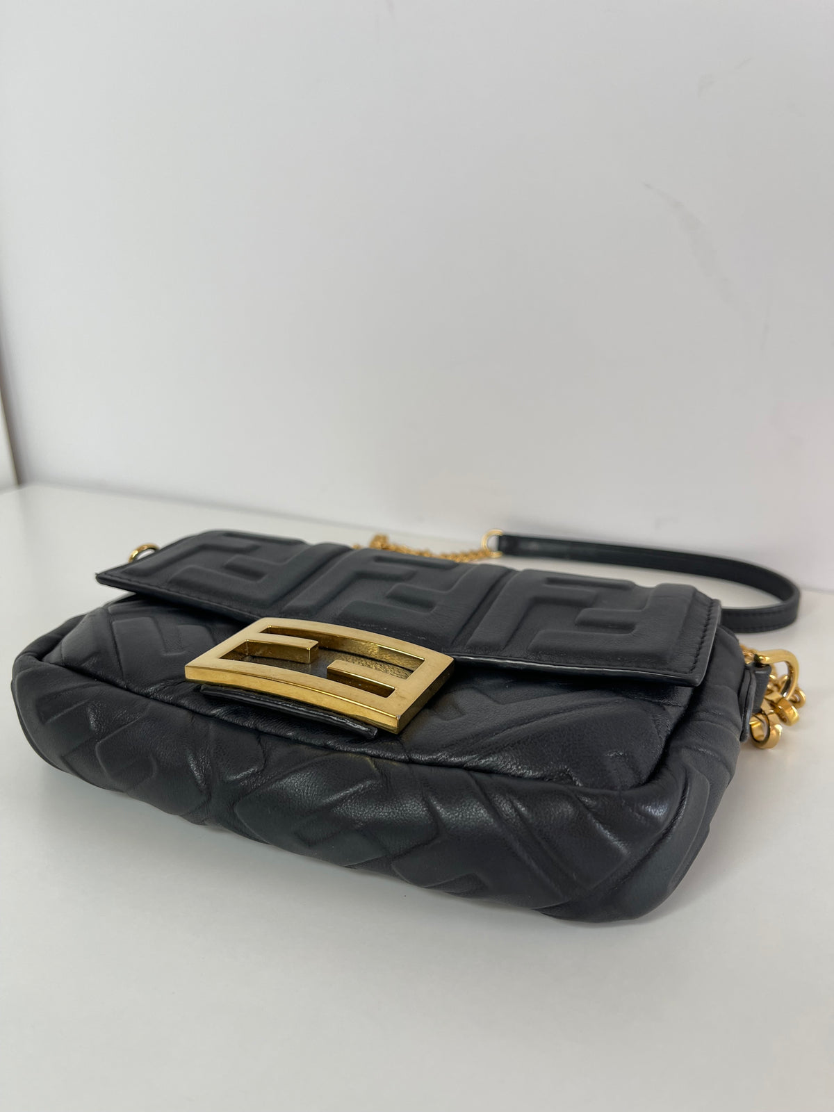 Fendi Black Embossed Leather Mini Baguette Crossbody Bag
