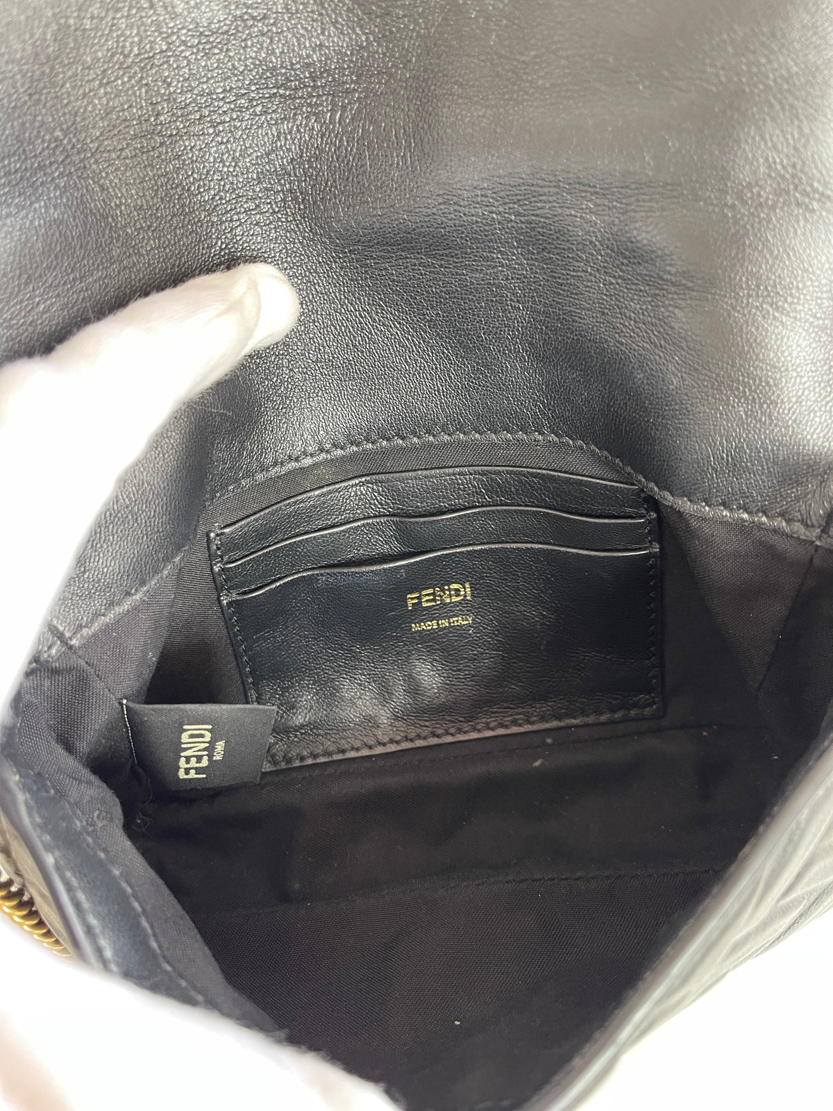 Fendi Black Embossed Leather Mini Baguette Crossbody Bag