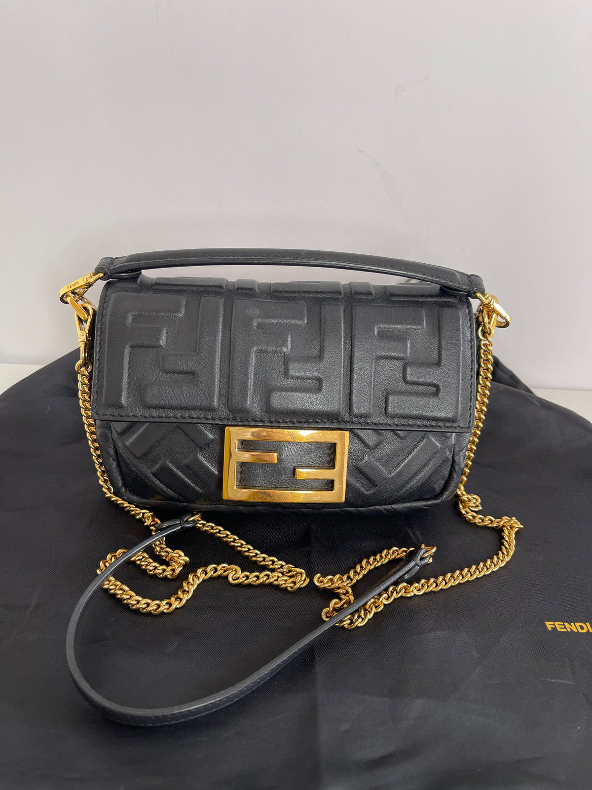 Fendi Black Embossed Leather Mini Baguette Crossbody Bag