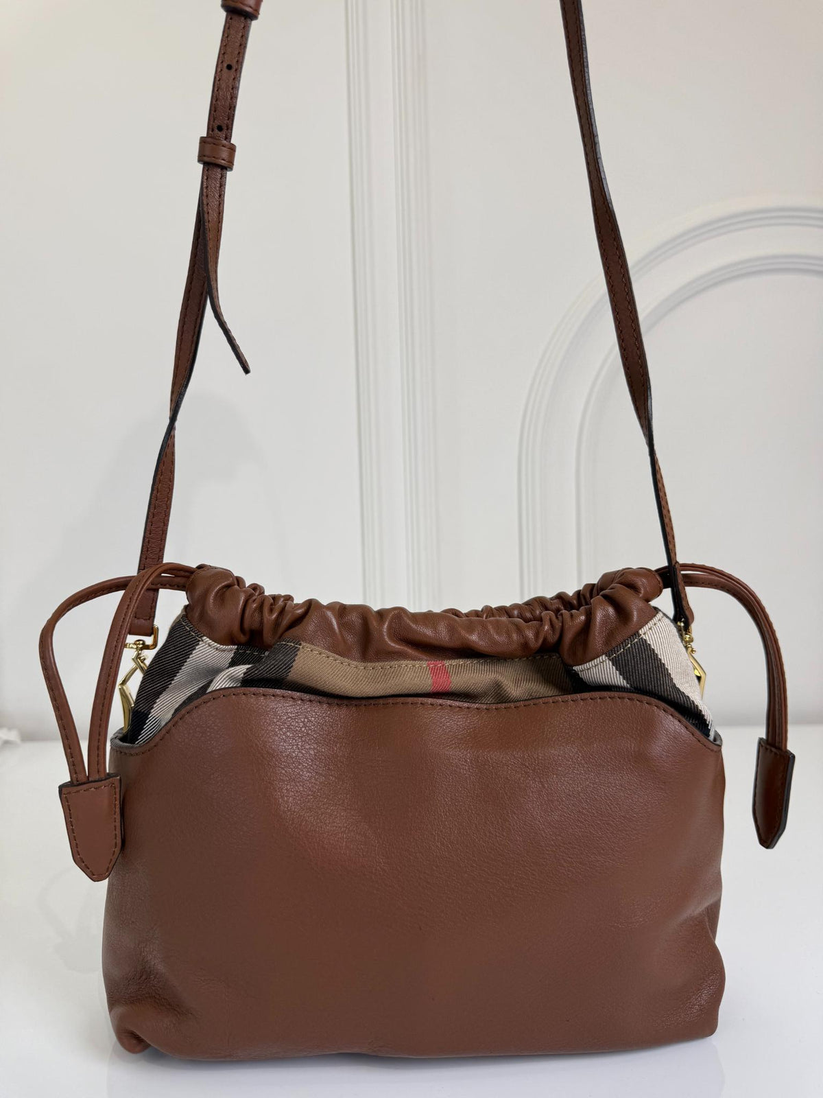 Burberry Brown Leather and Bridle House Check Canvas Little Crush Crossbody Bag
