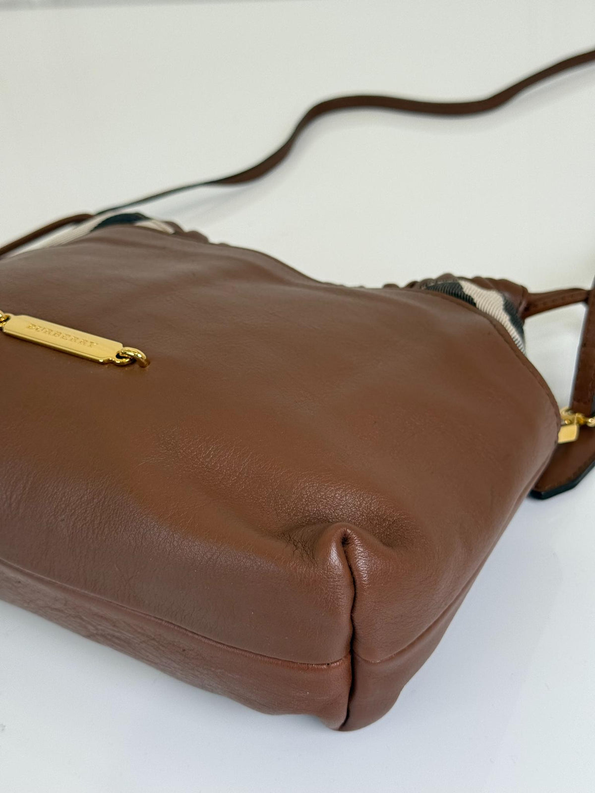 Burberry Brown Leather and Bridle House Check Canvas Little Crush Crossbody Bag