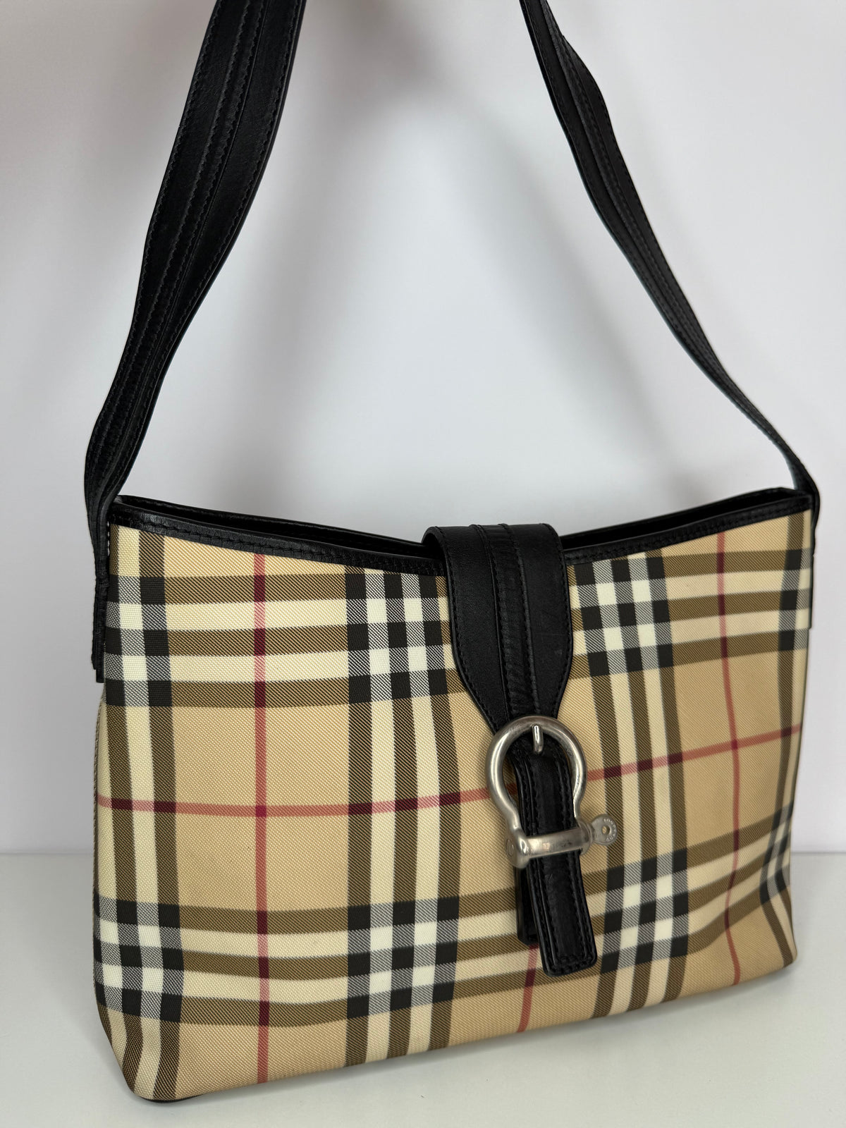 Burberry Beige Nova Check Canvas Buckle Shoulder Bag