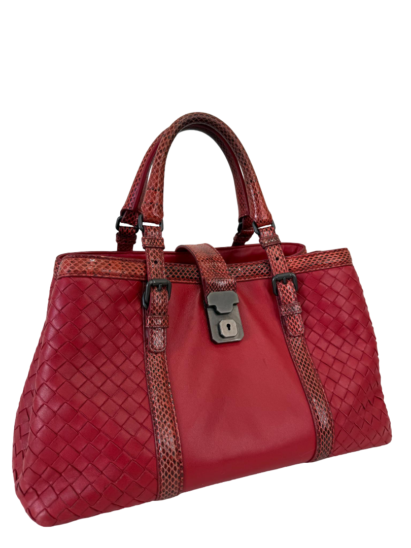 Bottega Veneta Small Roma Red Intrecciato Woven Nappa/Python Tote