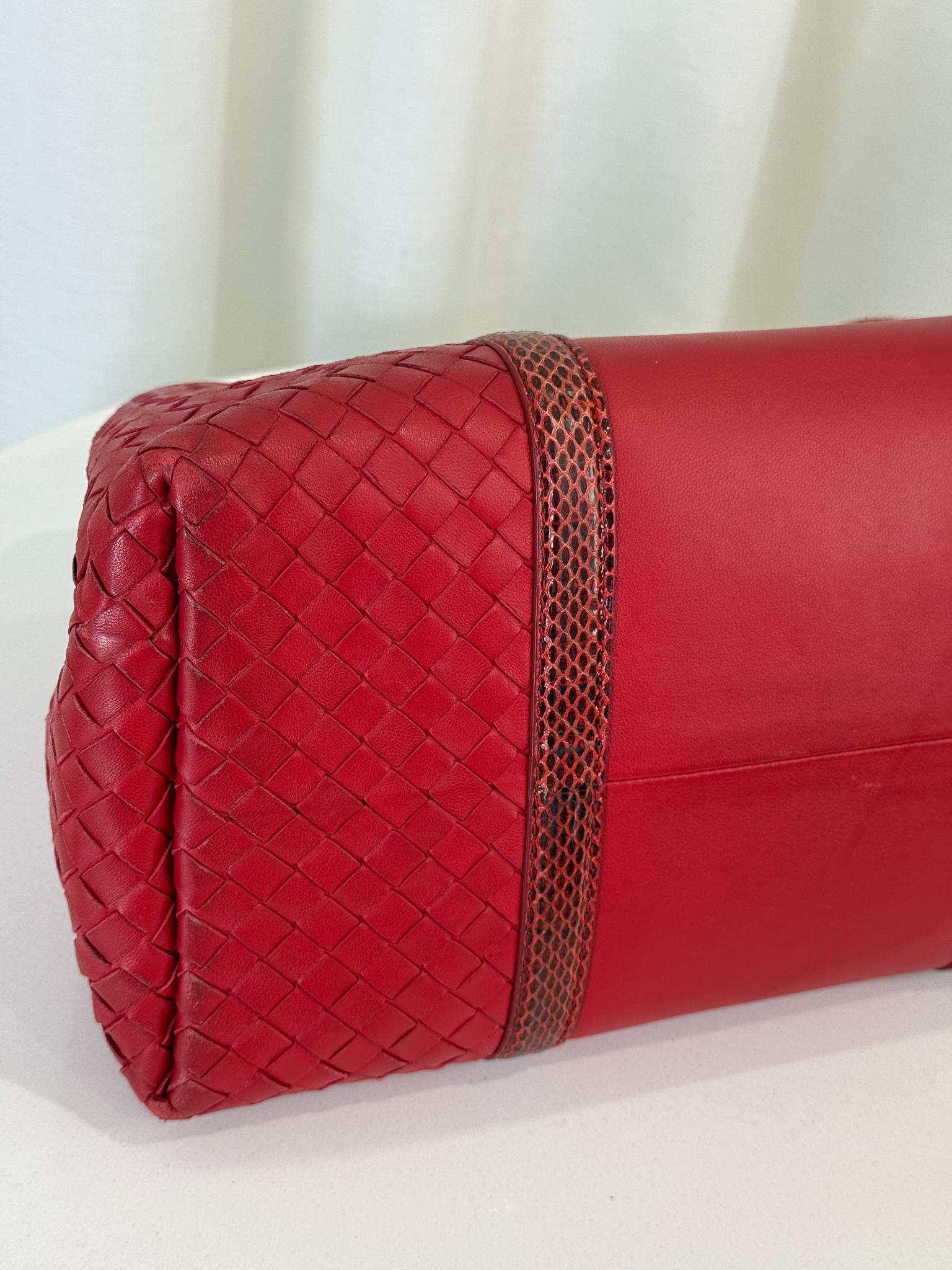 Bottega Veneta Small Roma Red Intrecciato Woven Nappa/Python Tote