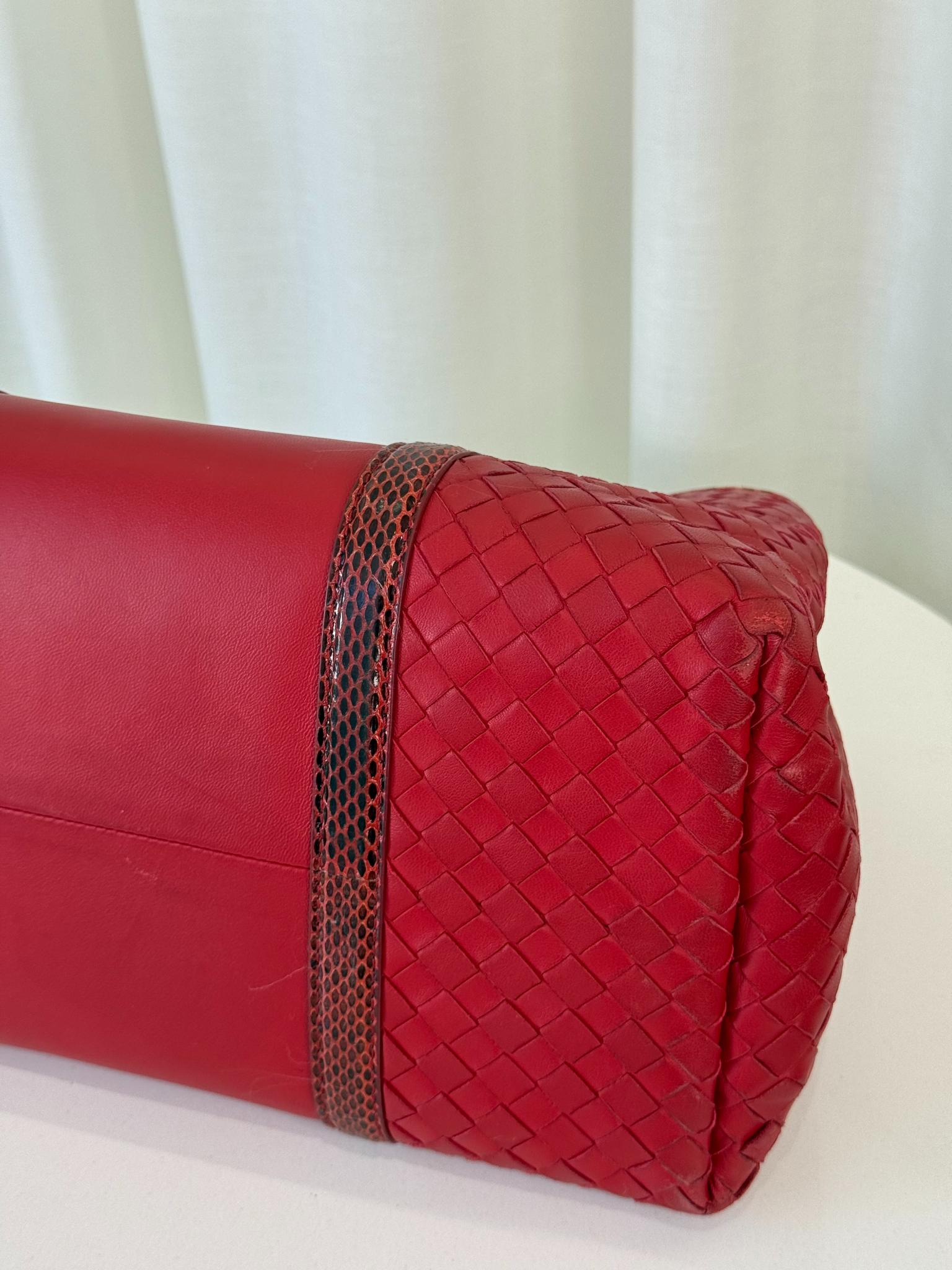 Bottega Veneta Small Roma Red Intrecciato Woven Nappa/Python Tote