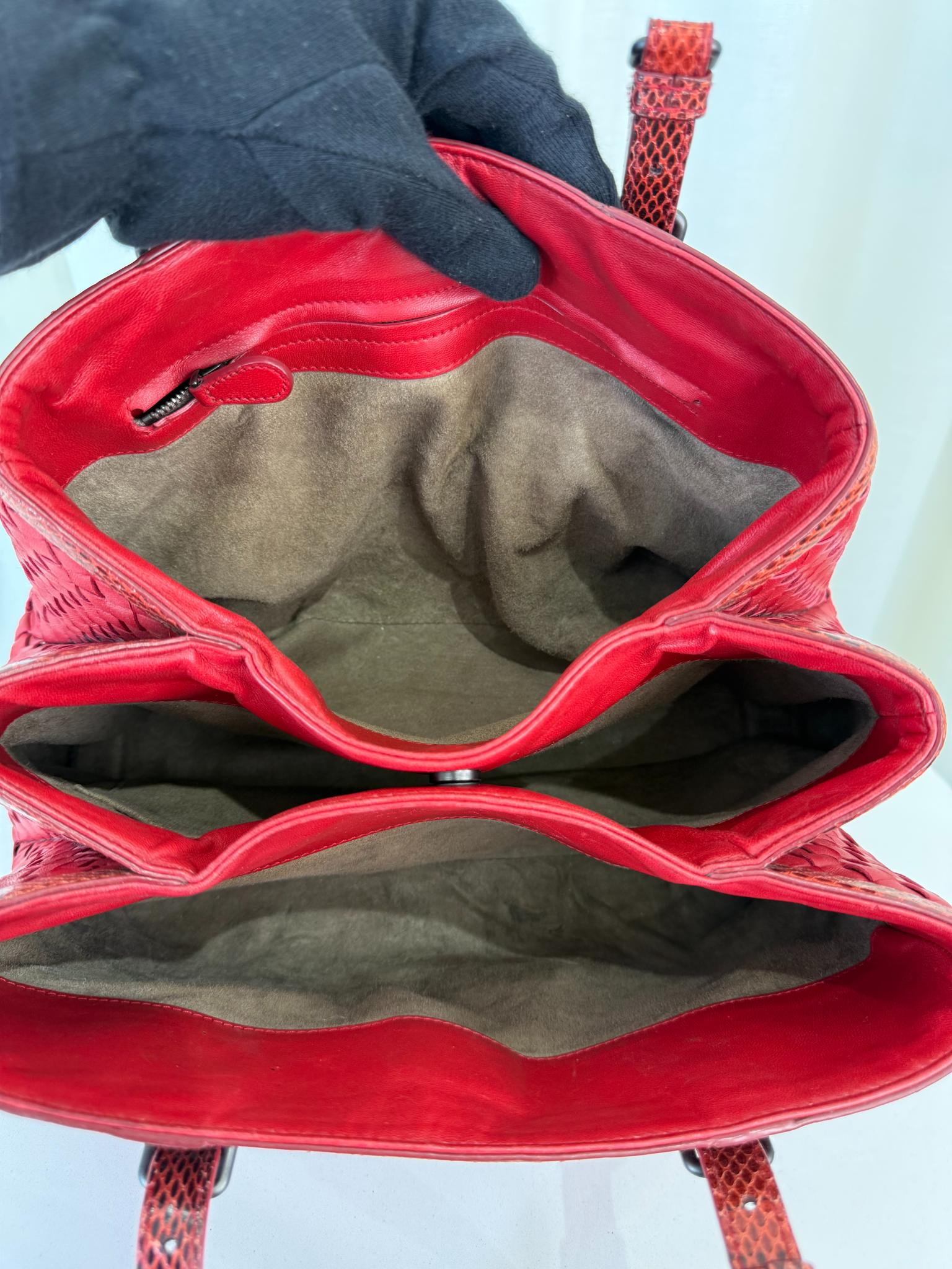 Bottega Veneta Small Roma Red Intrecciato Woven Nappa/Python Tote