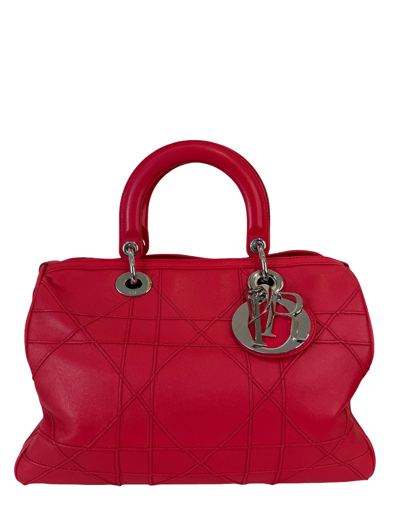 Christian Dior Granville Coral Red Cannage Quilted Lambskin Tote Bag