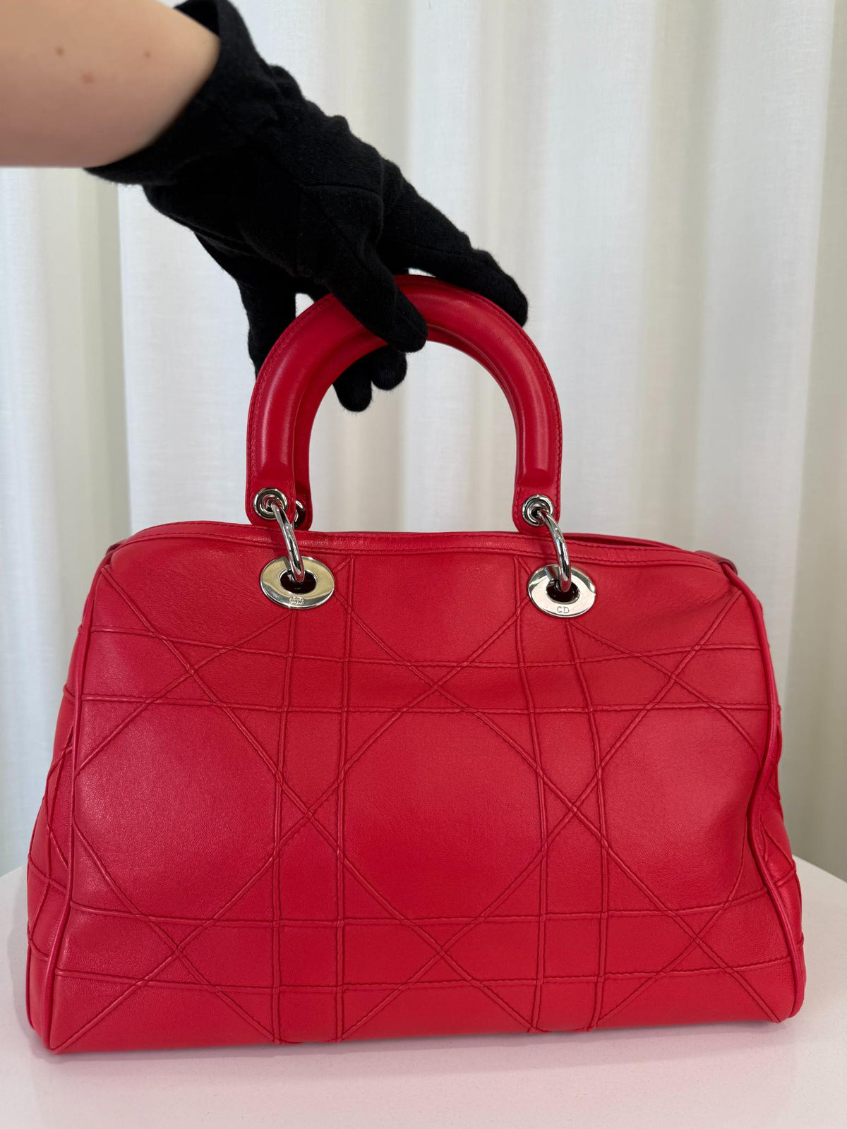 Christian Dior Granville Coral Red Cannage Quilted Lambskin Tote Bag