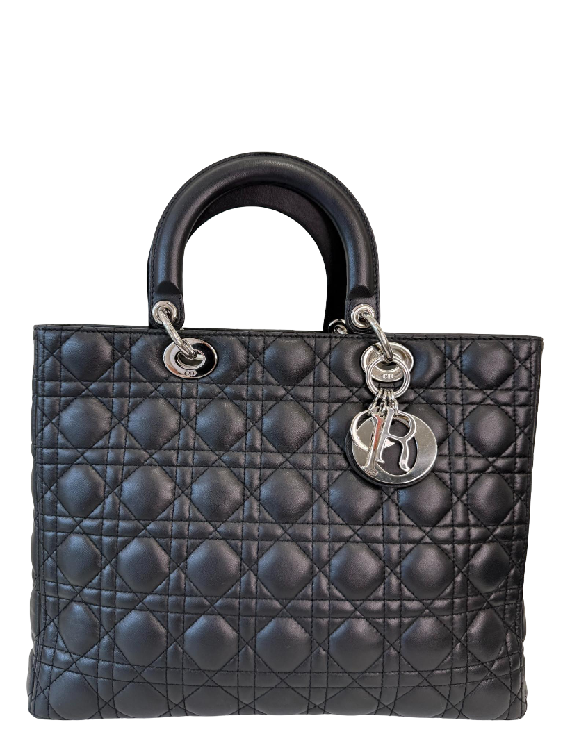 Christian Dior Large Lady Dior Black Cannage Quilted Lambskin Top Handle