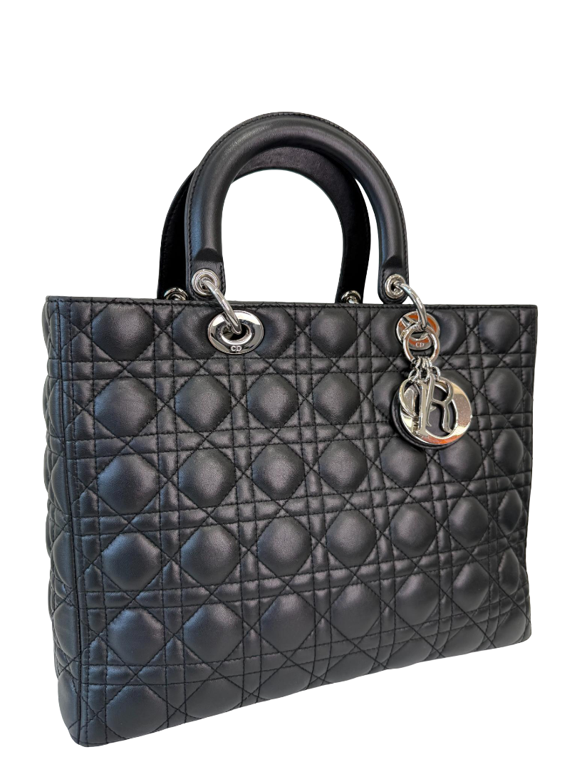 Christian Dior Large Lady Dior Black Cannage Quilted Lambskin Top Handle