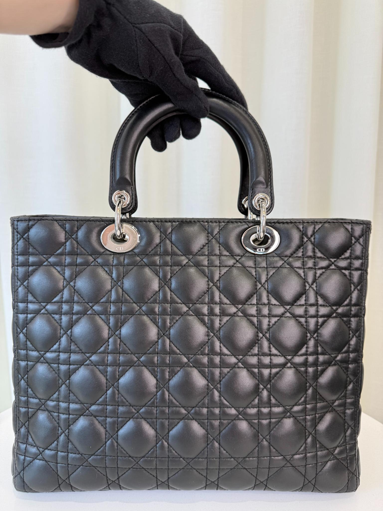 Christian Dior Large Lady Dior Black Cannage Quilted Lambskin Top Handle