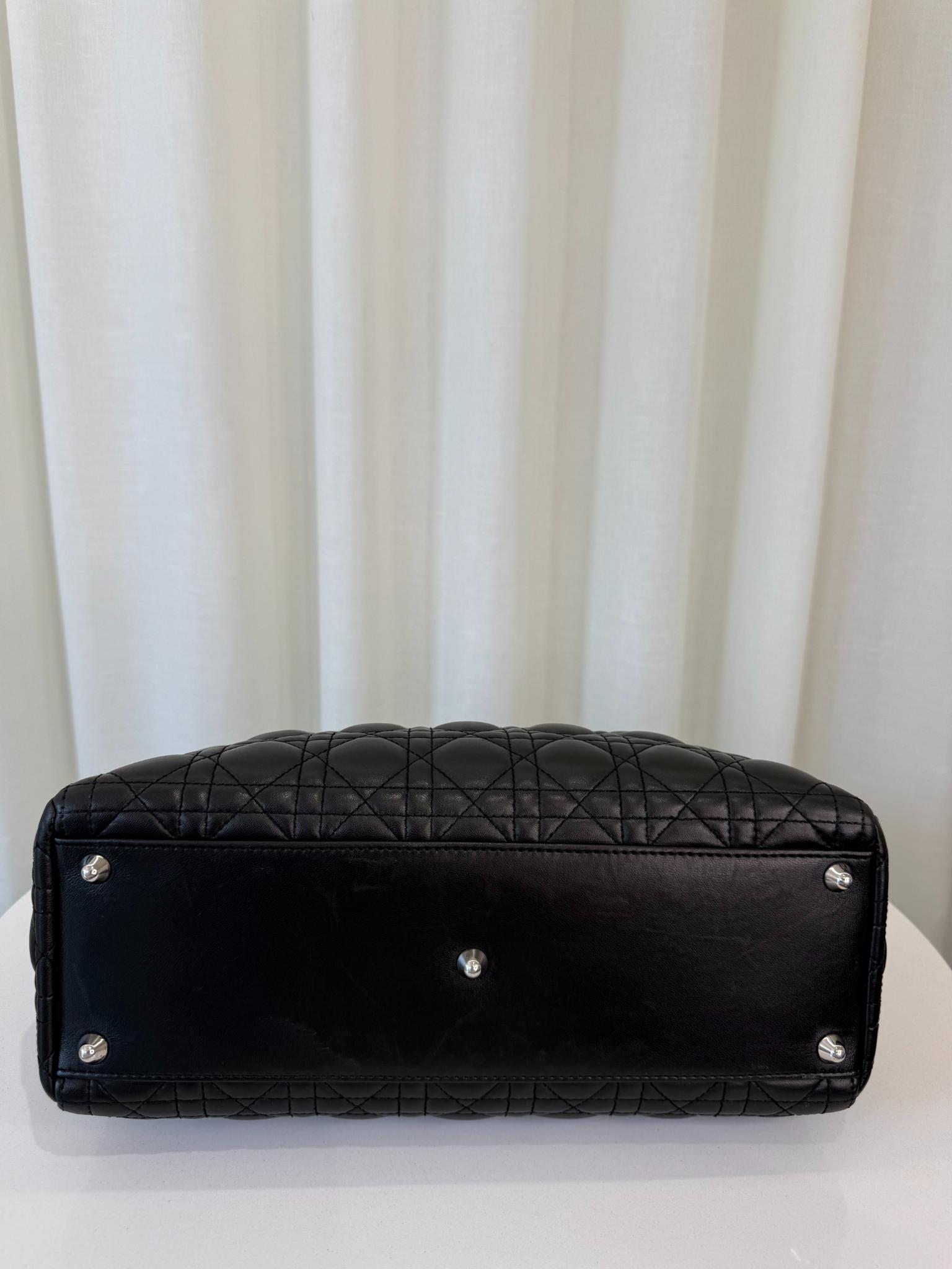 Christian Dior Large Lady Dior Black Cannage Quilted Lambskin Top Handle