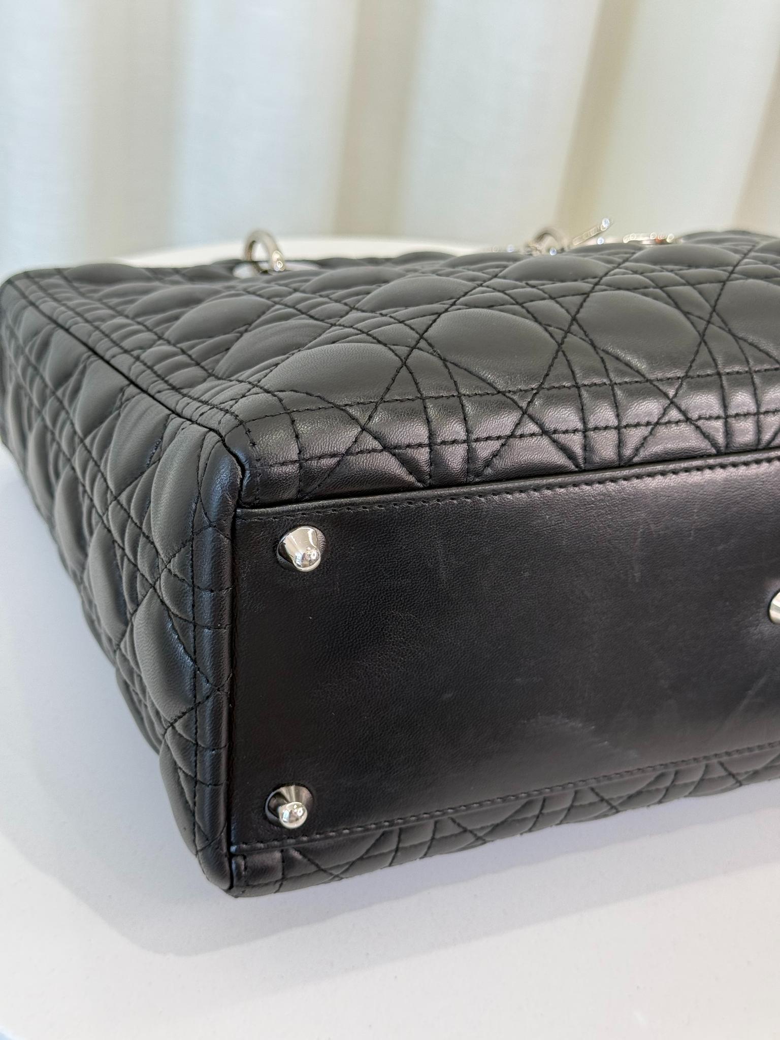 Christian Dior Large Lady Dior Black Cannage Quilted Lambskin Top Handle