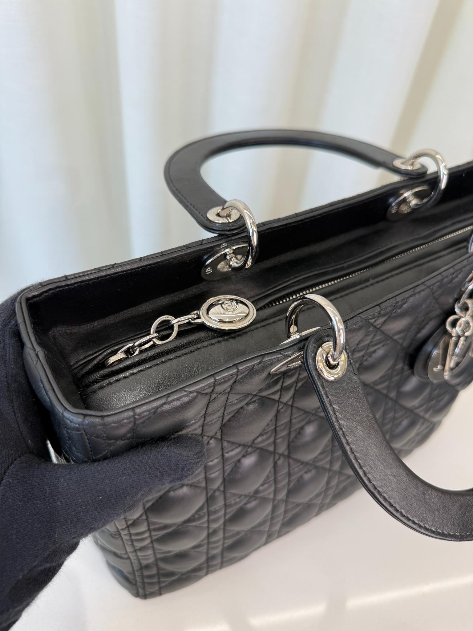 Christian Dior Large Lady Dior Black Cannage Quilted Lambskin Top Handle