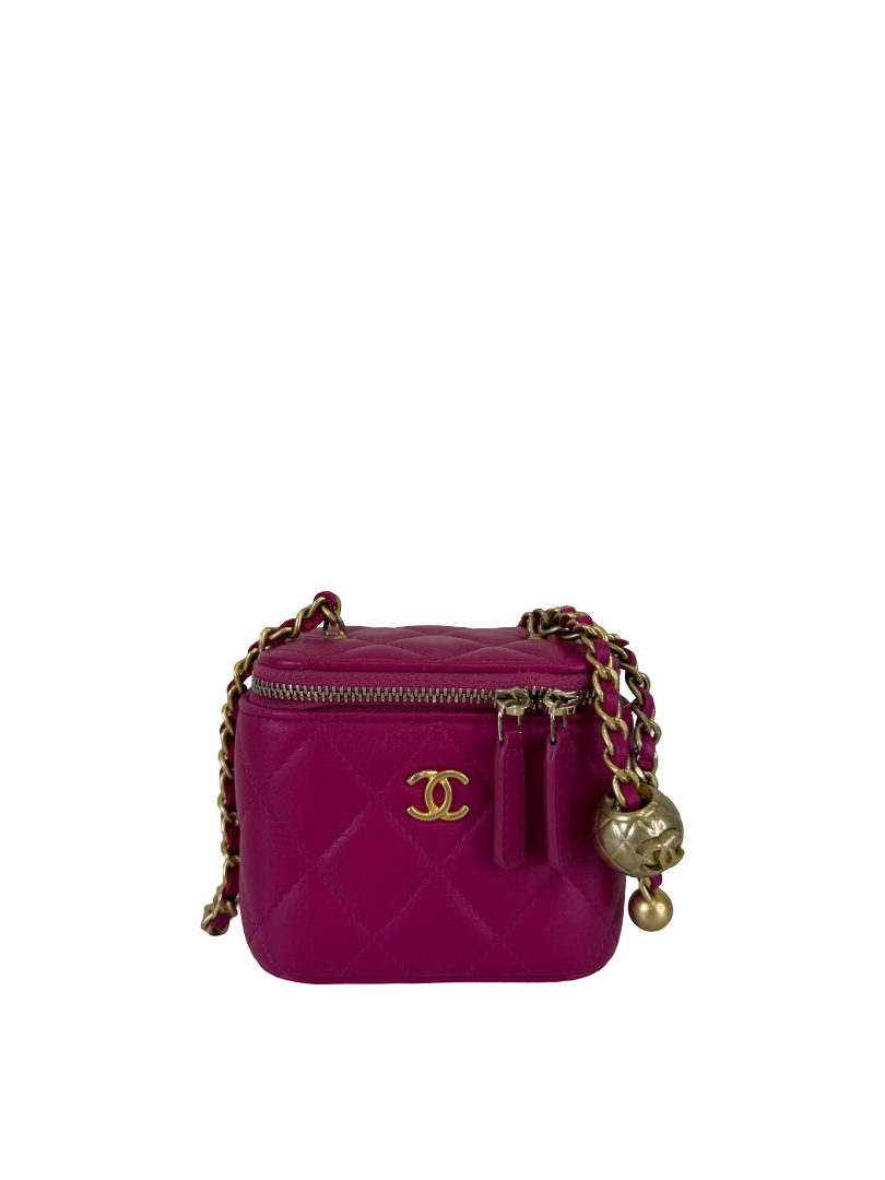 Chanel Fuchsia Lambskin Quilted Pearl Crush Mini Vanity Case