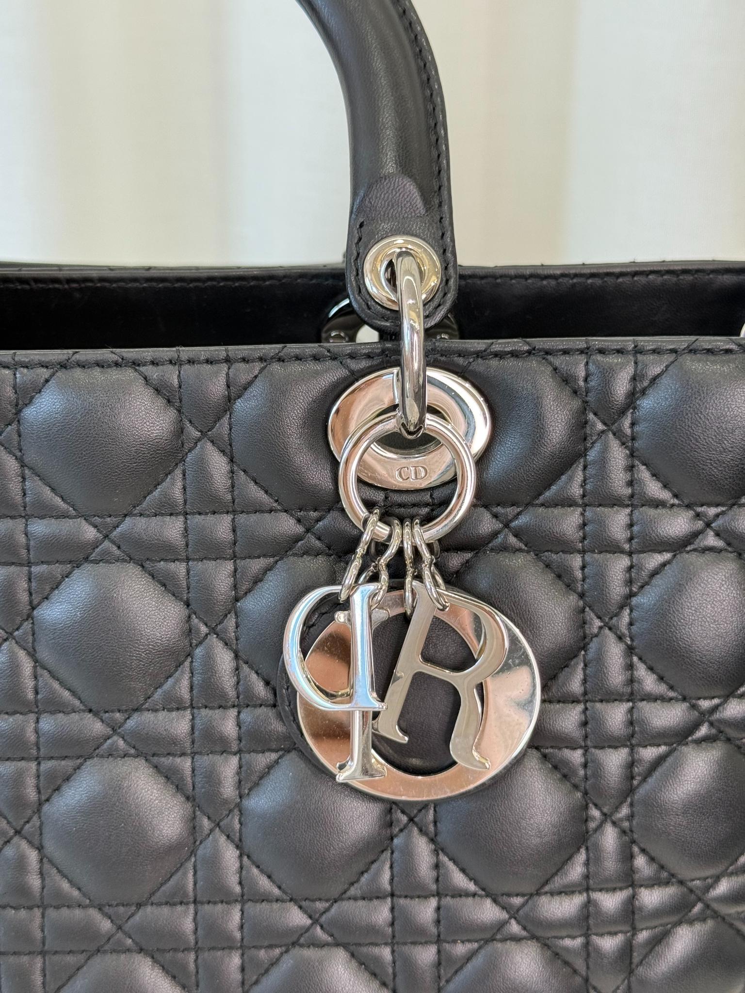 Christian Dior Large Lady Dior Black Cannage Quilted Lambskin Top Handle
