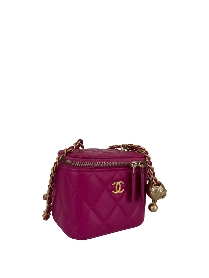 Chanel Fuchsia Lambskin Quilted Pearl Crush Mini Vanity Case