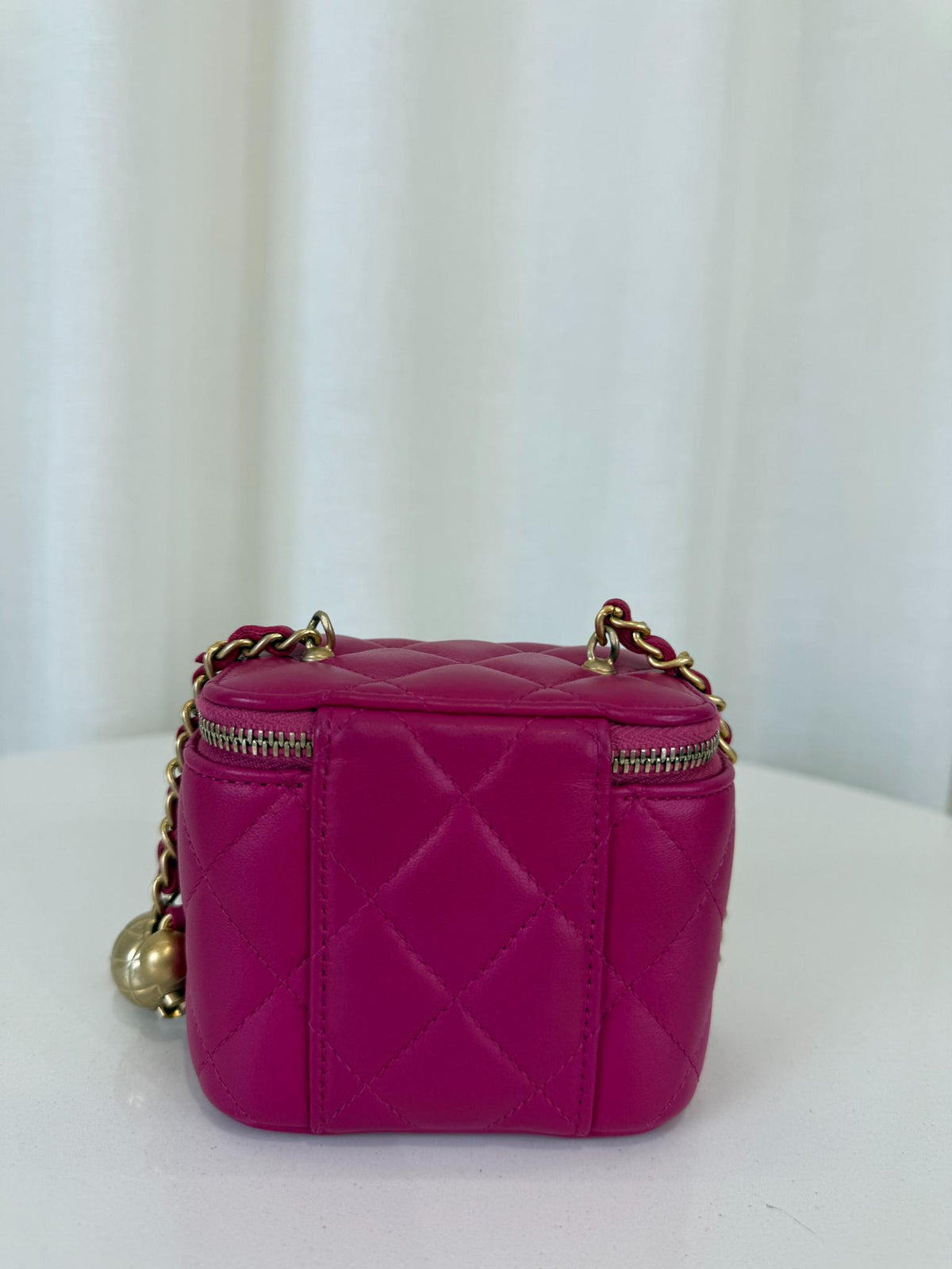 Chanel Fuchsia Lambskin Quilted Pearl Crush Mini Vanity Case