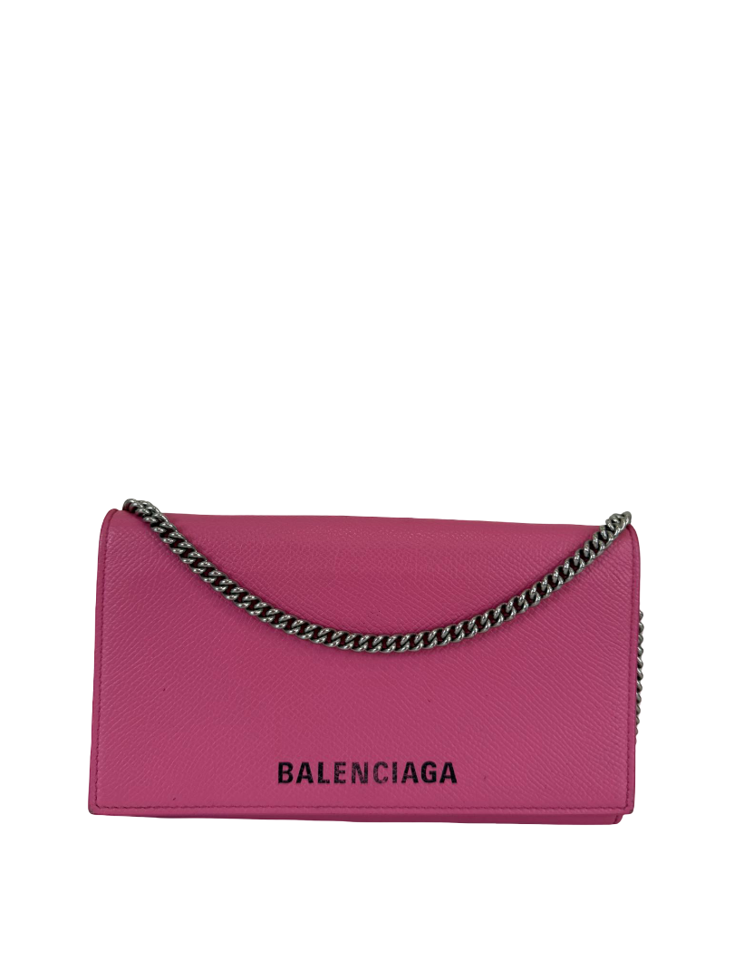 Balenciaga Bubble Gum Grained Calfskin Logo Print Ville Wallet On Chain