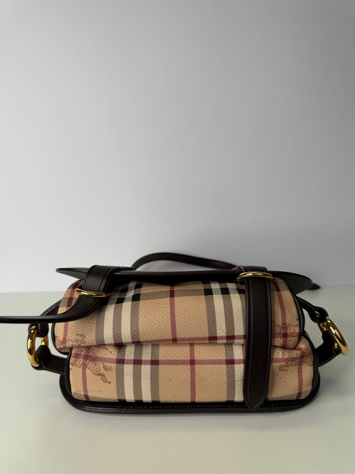 Burberry Haymarket Check Bridle Saddle Bag Dark Clove Brown