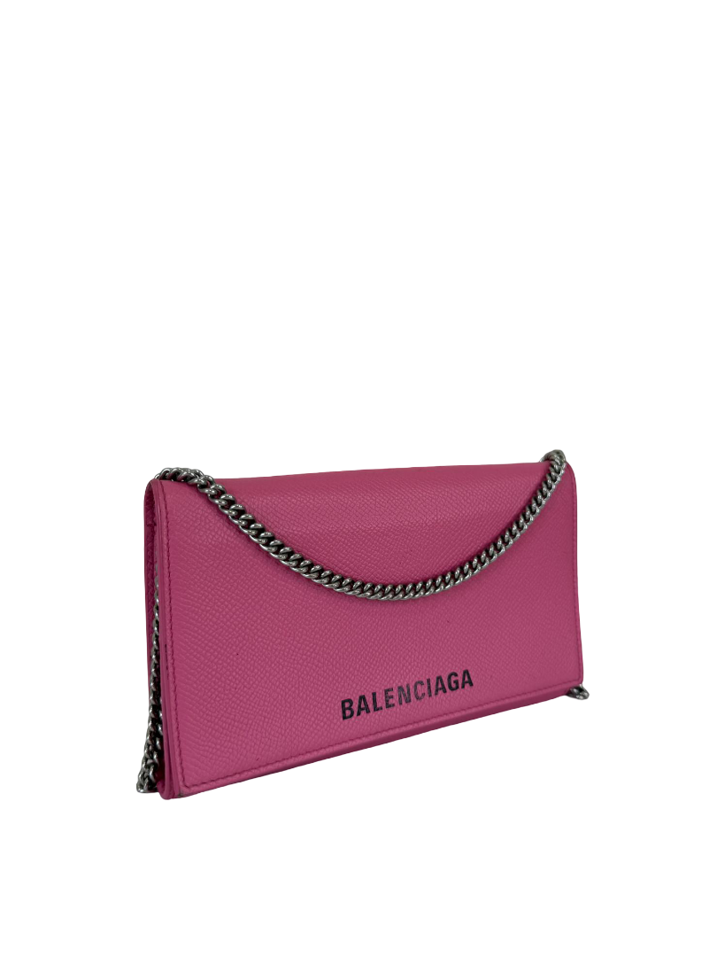 Balenciaga Bubble Gum Grained Calfskin Logo Print Ville Wallet On Chain
