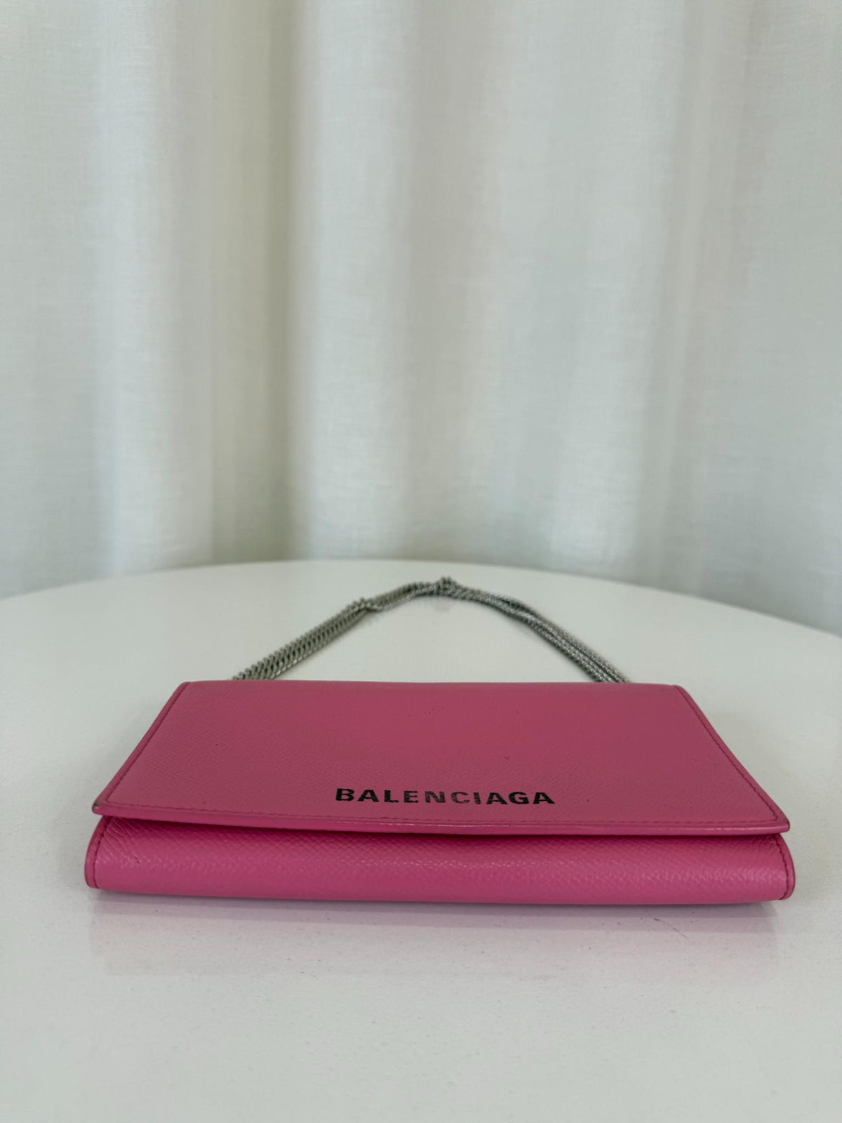 Balenciaga Bubble Gum Grained Calfskin Logo Print Ville Wallet On Chain
