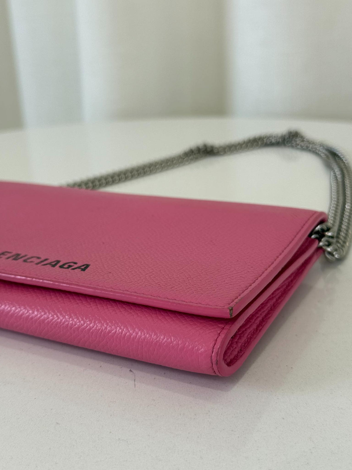 Balenciaga Bubble Gum Grained Calfskin Logo Print Ville Wallet On Chain