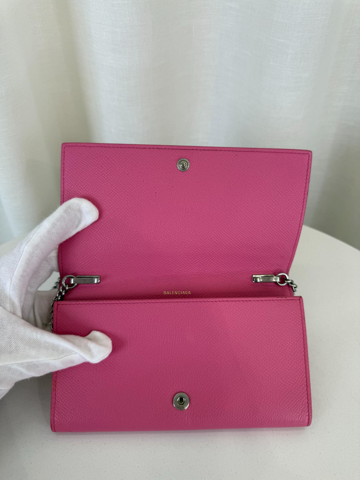 Balenciaga Bubble Gum Grained Calfskin Logo Print Ville Wallet On Chain