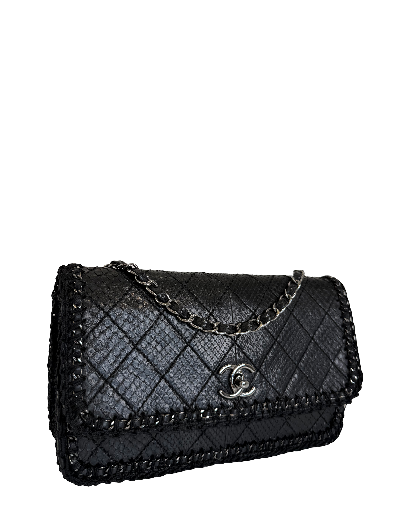 Chanel Limited Edition Black Python Quilted Flap Crochet Sides Shoulder Bag