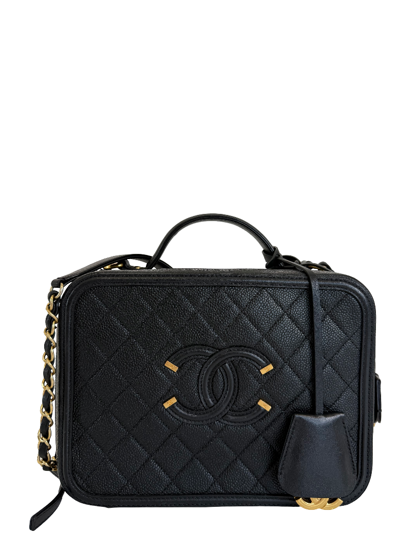 Chanel Black Quilted Caviar Leather Filigree Vanity Case