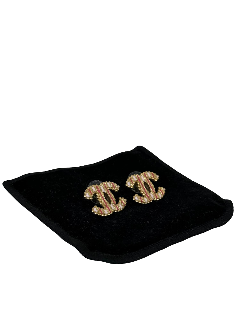 Chanel CC Gold Tone Metal and Pink Stud Earrings