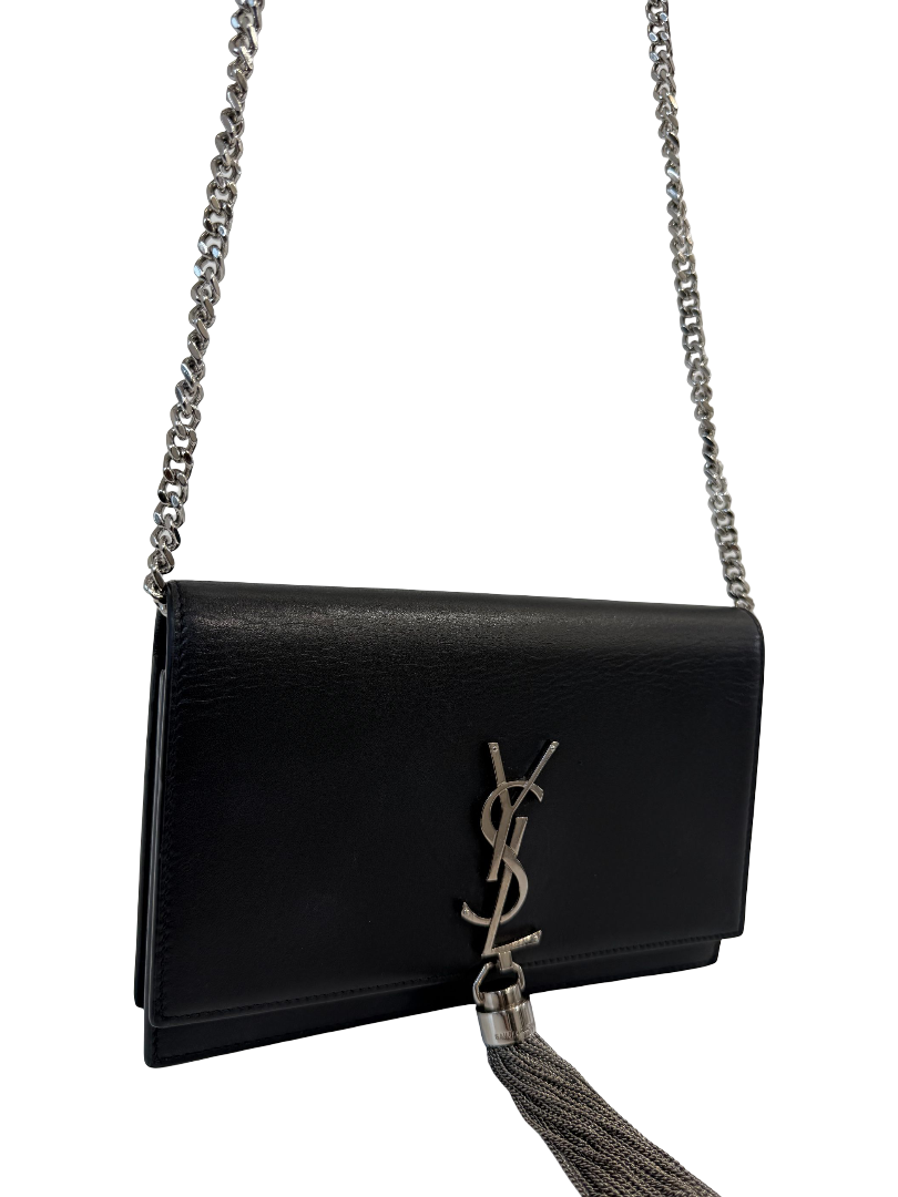 Saint Laurent Kate Small Monogram Tassel Black Wallet on Chain